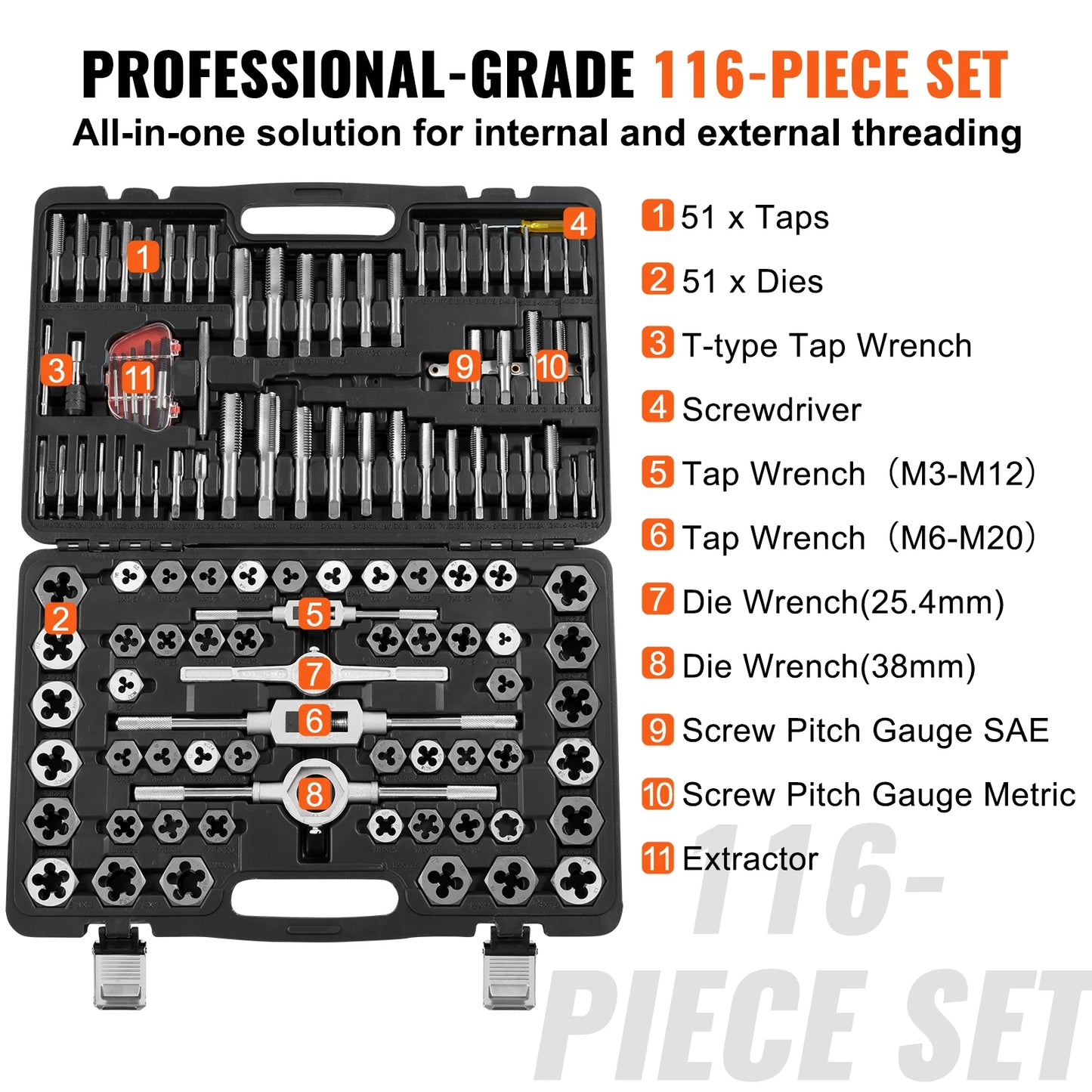 SucceBuy 116 Piece Tap and Die Set Bearing Steel Metric SAE