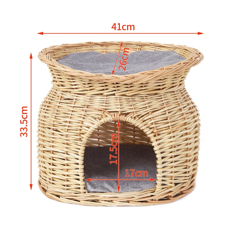 2 Tier Rattan Wicker Elevated Cat House Bed With Cushion