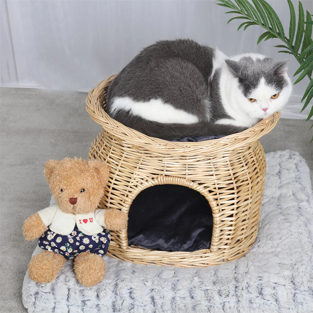 2 Tier Rattan Wicker Elevated Cat House Bed With Cushion