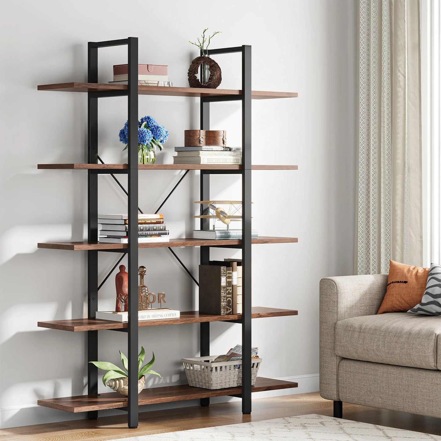 Tribesigns 5 Tier Bookshelf Vintage Industrial Style Bookcase 72H x 12W x 47L