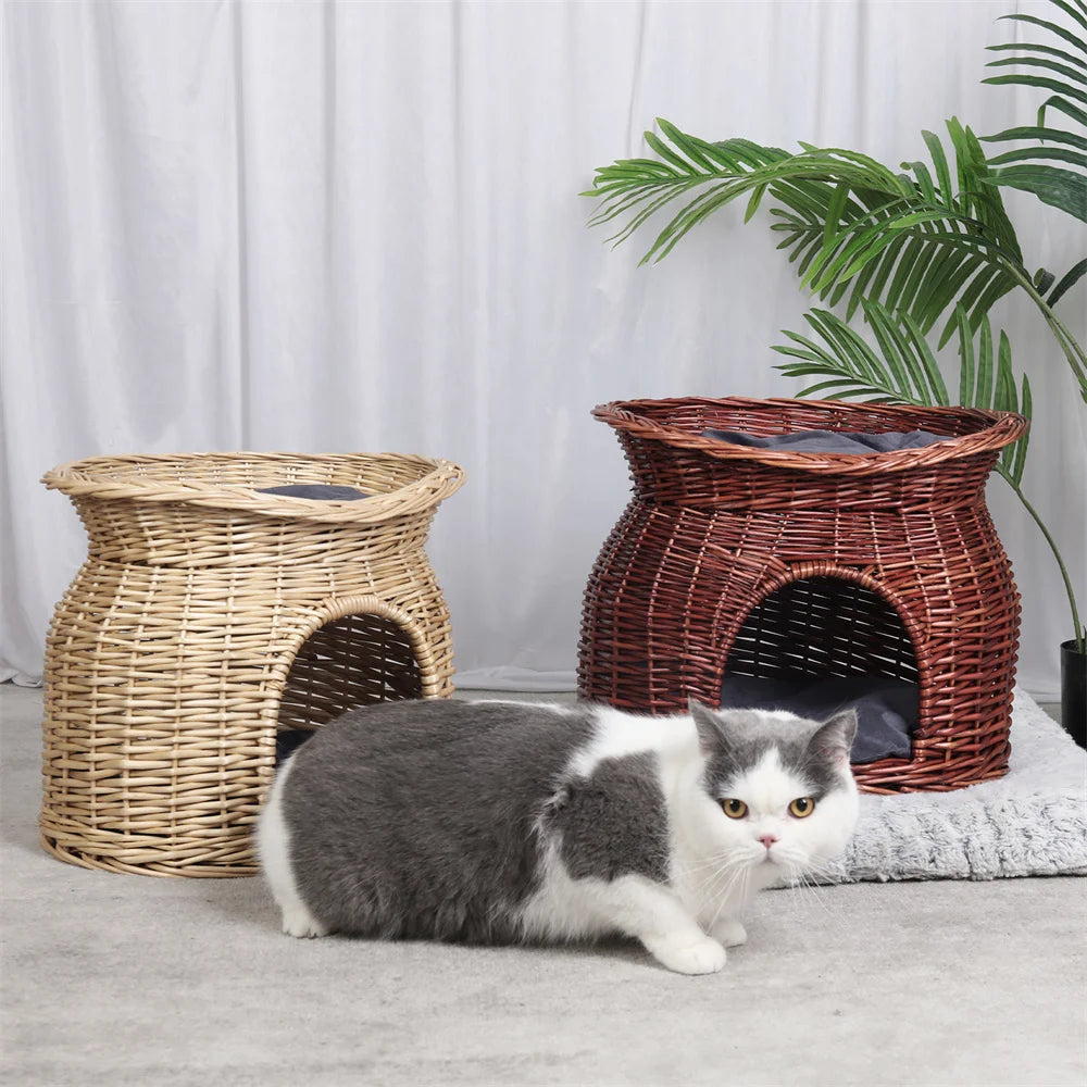 2 Tier Rattan Wicker Elevated Cat House Bed With Cushion