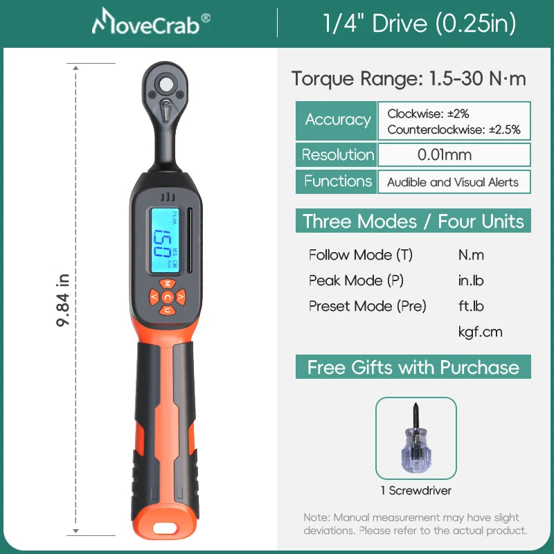 MoveCrab Digital Torque Wrench 1-340 Nm LED Buzzer Alerts