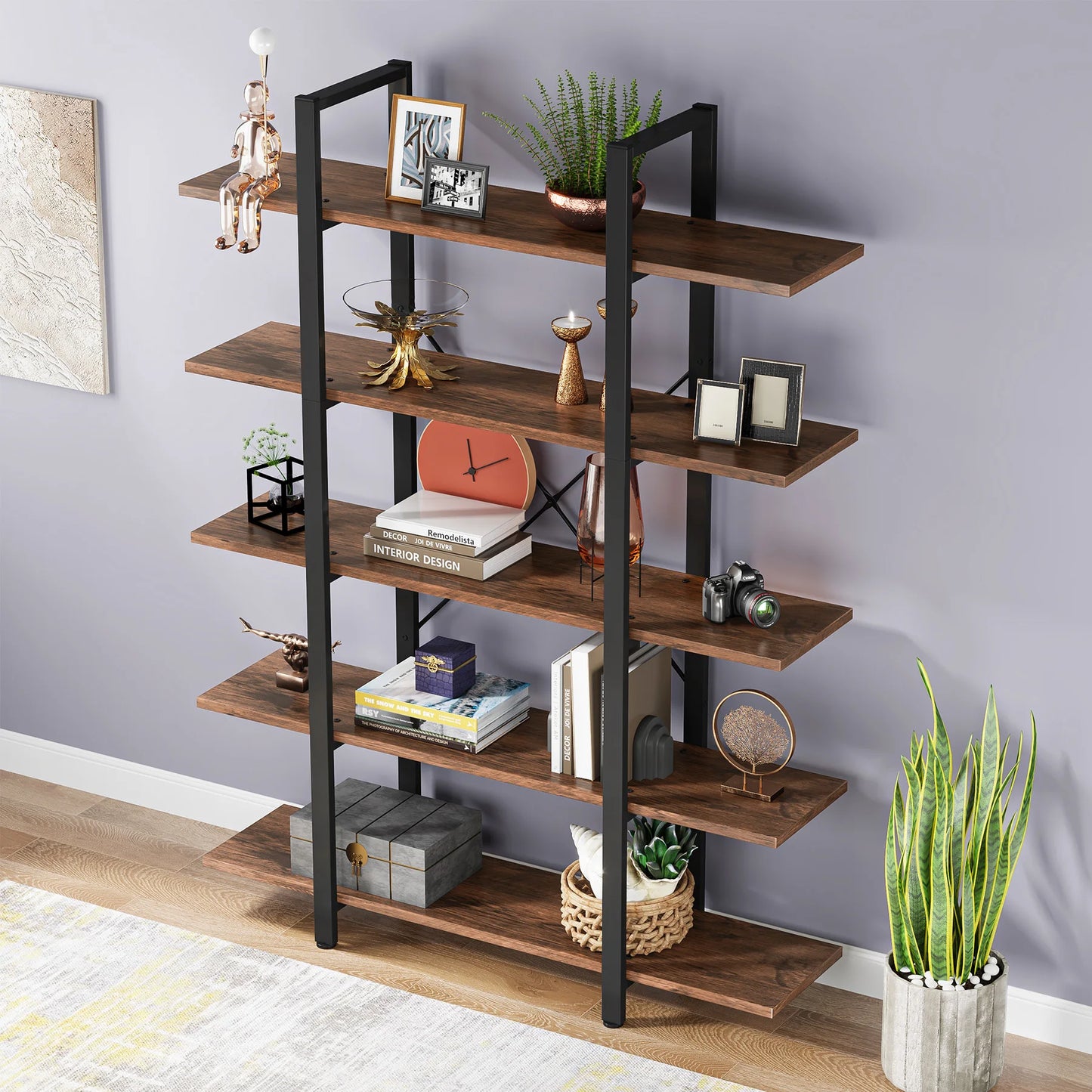 Tribesigns 5 Tier Bookshelf Vintage Industrial Style Bookcase 72H x 12W x 47L