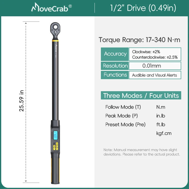 MoveCrab Digital Torque Wrench 1-340 Nm LED Buzzer Alerts