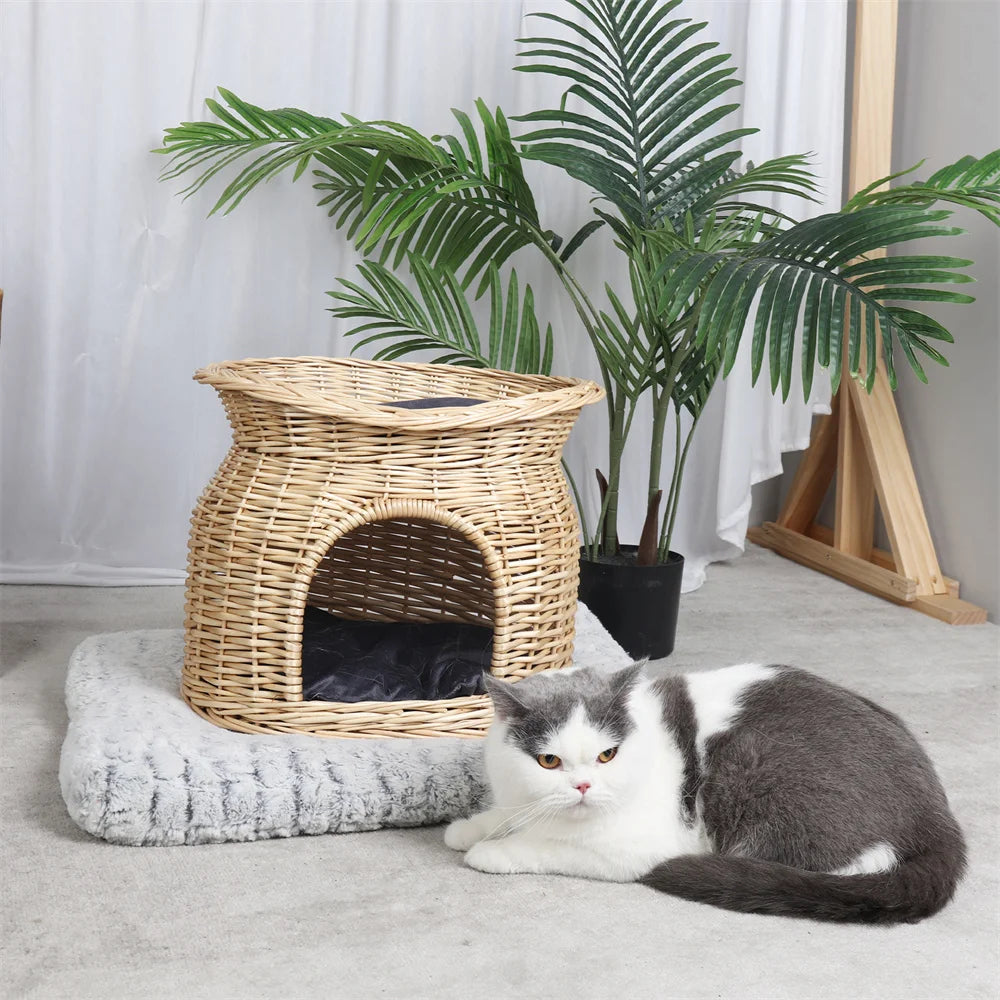 2 Tier Rattan Wicker Elevated Cat House Bed With Cushion