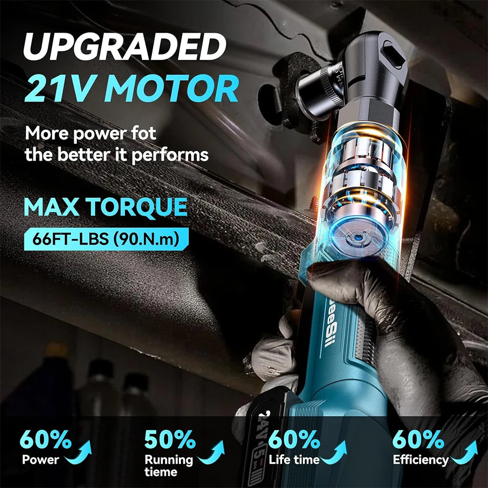 SEESII 3/8" 90Nm Cordless Electric Wrench Cordless Ratchet Wrench with 21V 2pcs li-battery Car Repair Tool Set Angle Wrench
