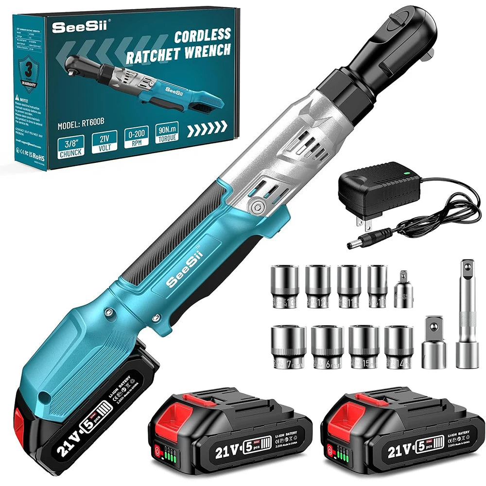 SEESII 3/8" 90Nm Cordless Electric Wrench Cordless Ratchet Wrench with 21V 2pcs li-battery Car Repair Tool Set Angle Wrench