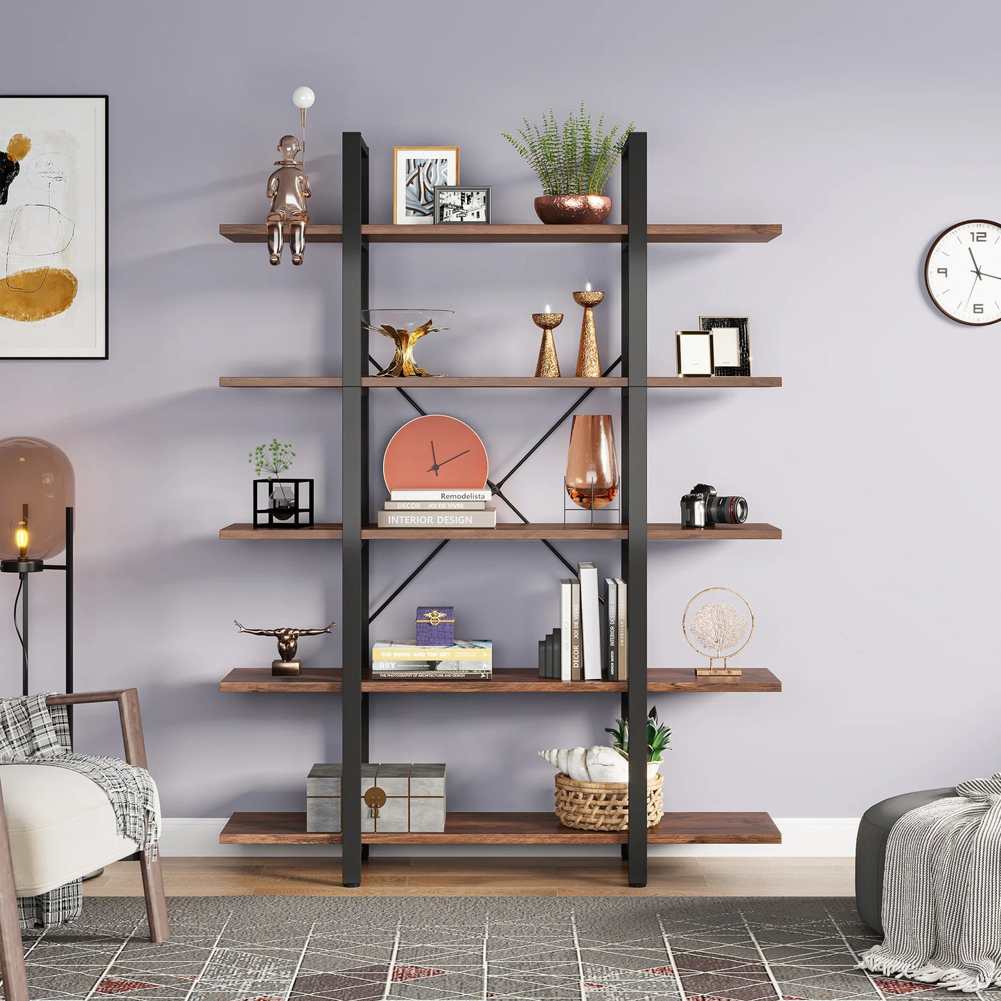 Tribesigns 5 Tier Bookshelf Vintage Industrial Style Bookcase 72H x 12W x 47L