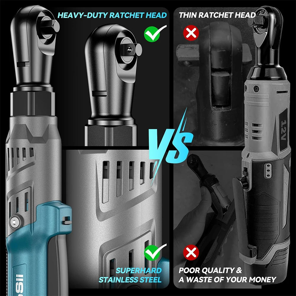 SEESII 3/8" 90Nm Cordless Electric Wrench Cordless Ratchet Wrench with 21V 2pcs li-battery Car Repair Tool Set Angle Wrench