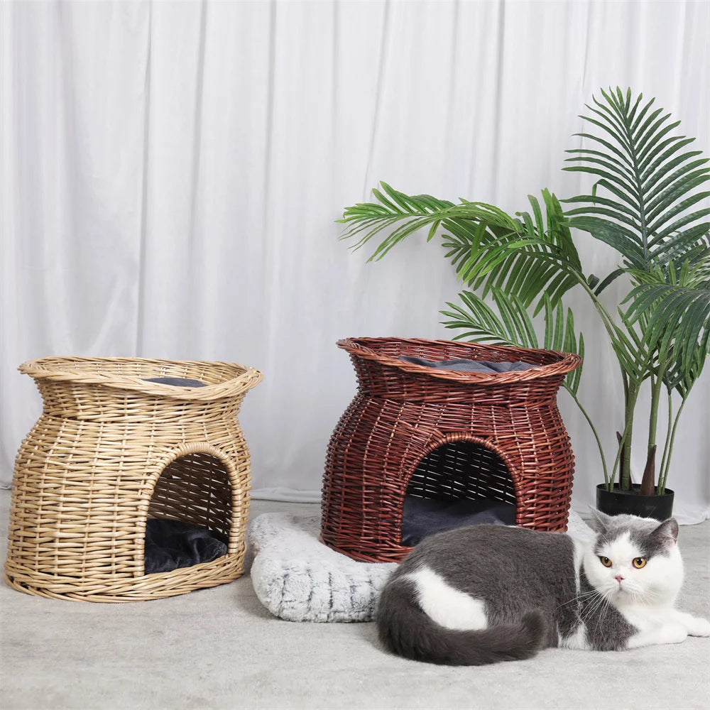 2 Tier Rattan Wicker Elevated Cat House Bed With Cushion