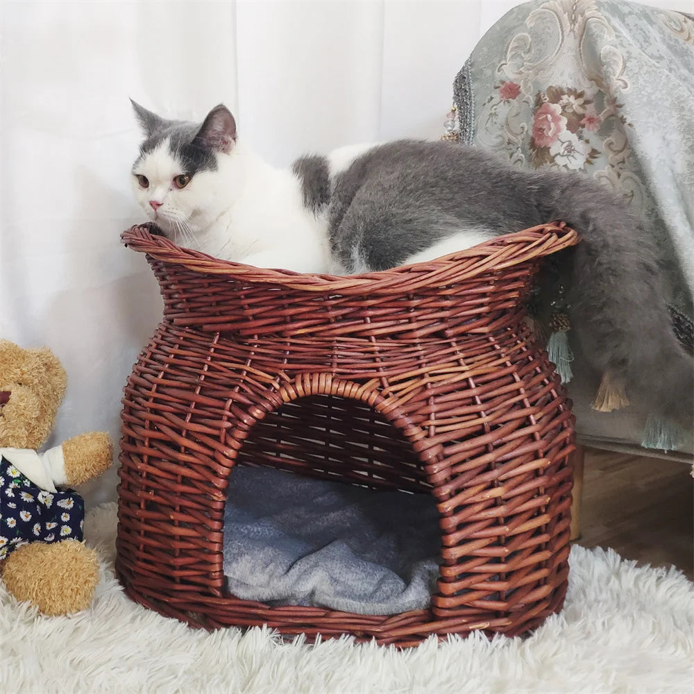 2 Tier Rattan Wicker Elevated Cat House Bed With Cushion
