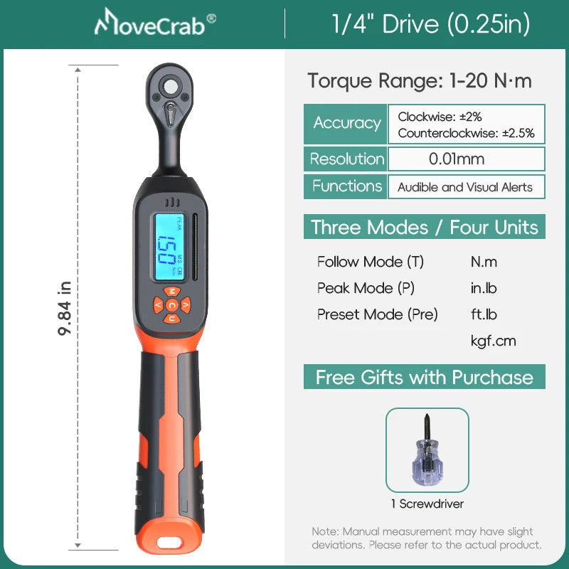 MoveCrab Digital Torque Wrench 1-340 Nm LED Buzzer Alerts