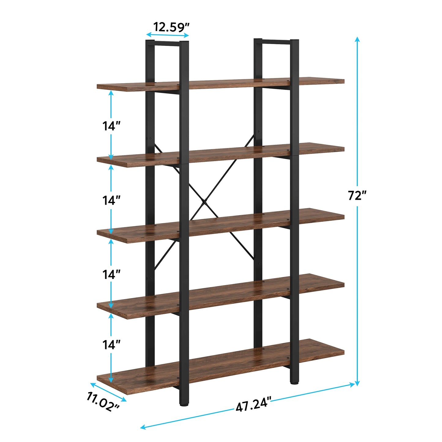 Tribesigns 5 Tier Bookshelf Vintage Industrial Style Bookcase 72H x 12W x 47L