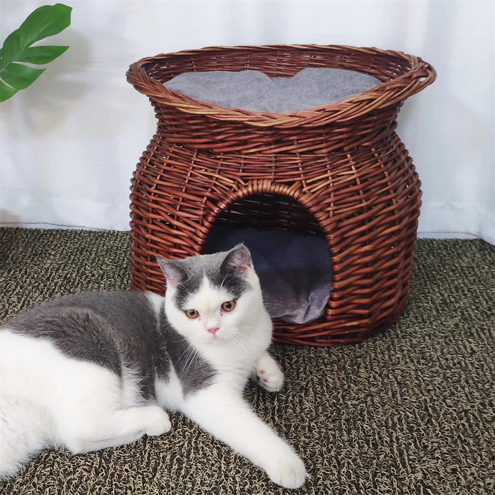 2 Tier Rattan Wicker Elevated Cat House Bed With Cushion