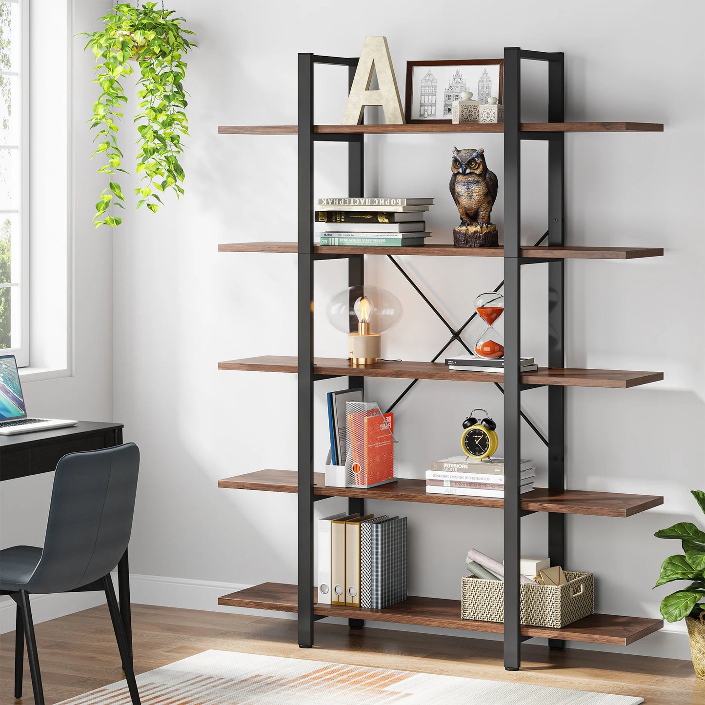 Tribesigns 5 Tier Bookshelf Vintage Industrial Style Bookcase 72H x 12W x 47L