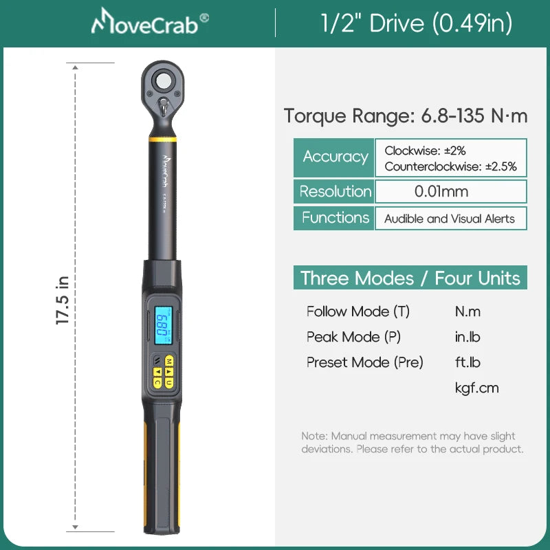 MoveCrab Digital Torque Wrench 1-340 Nm LED Buzzer Alerts