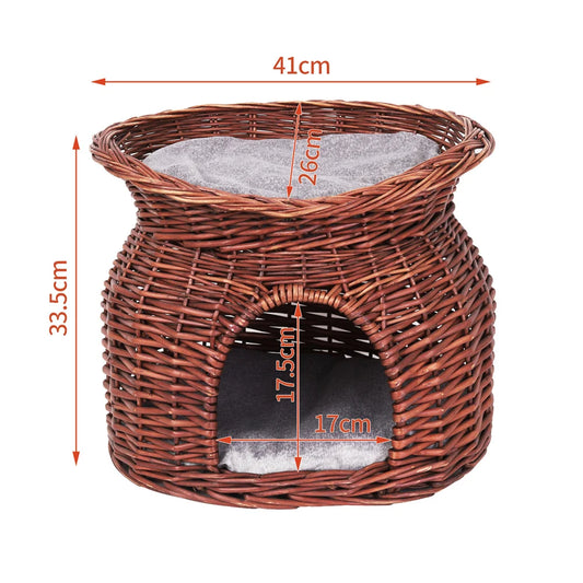 2 Tier Rattan Wicker Elevated Cat House Bed With Cushion